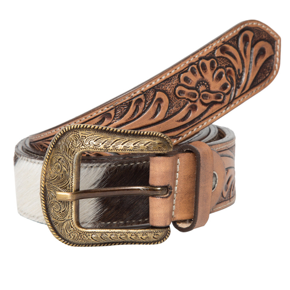 Tooled Leather & Cowhide Belt / Brown
