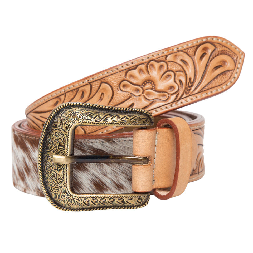 Tooled Leather & Cowhide Belt / Tan